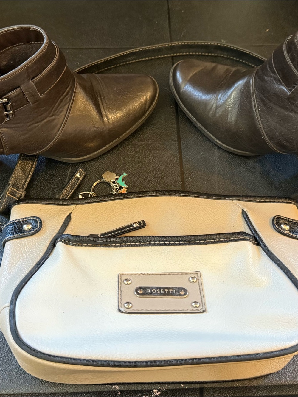 Dark Brown Relativity Boots & Rosetti Cream and Black Trim Shoulder Bag